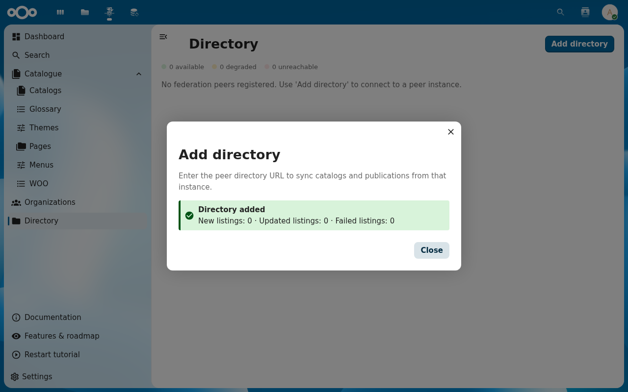 Directory added confirmation showing new, updated, and failed listing counts