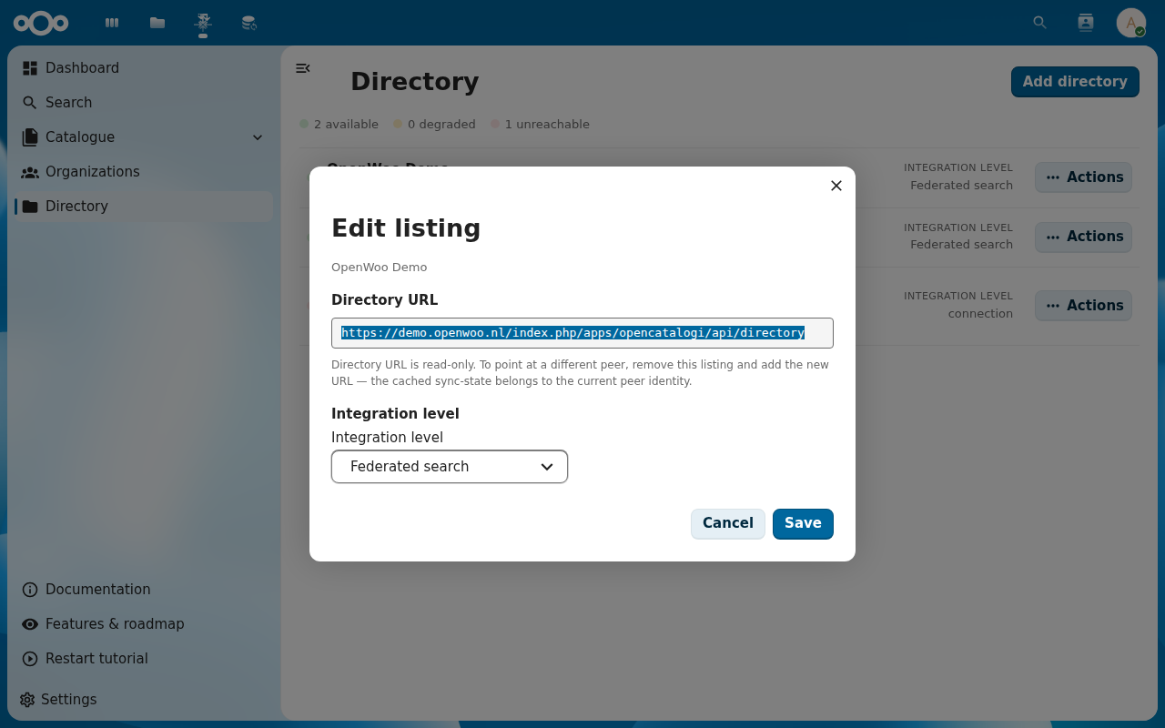Edit listing dialog showing directory URL and integration level dropdown