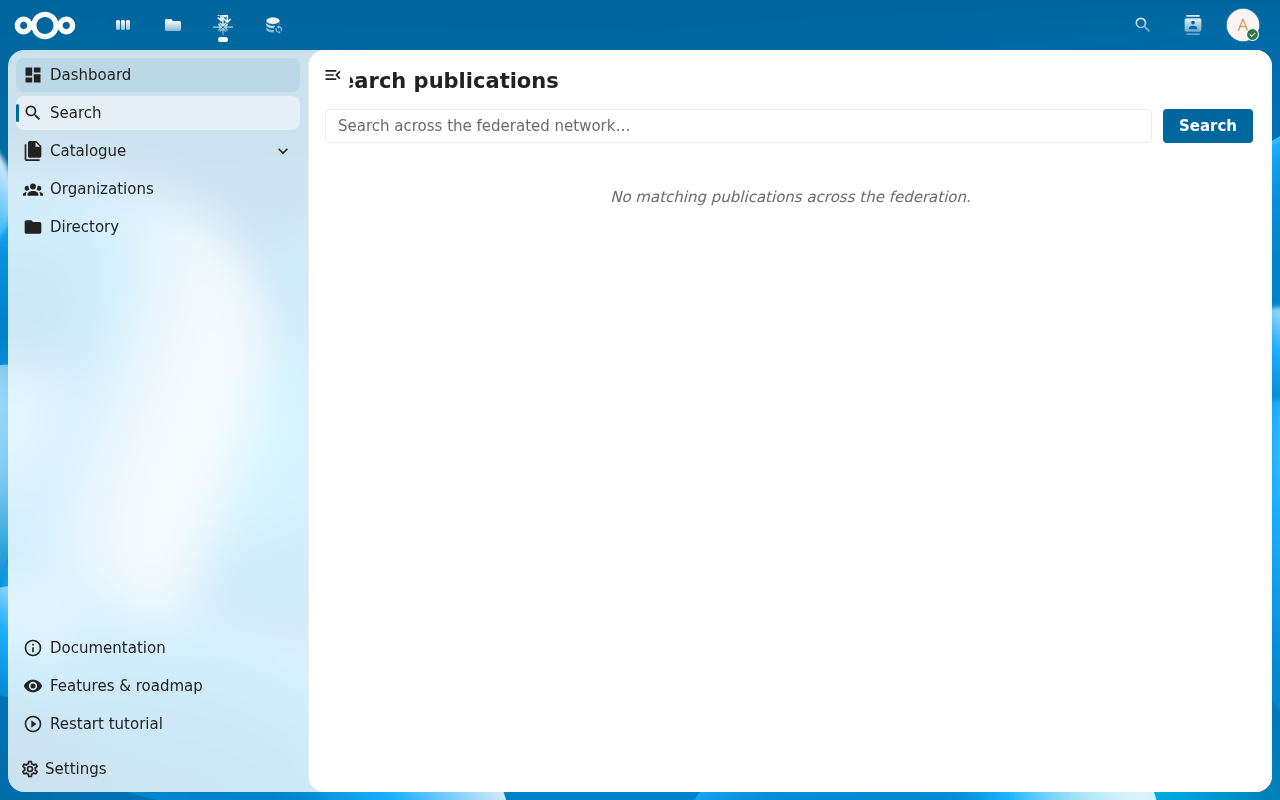 Search publications page showing the federated search UI